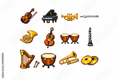 Pixel art musical instruments set: violin, piano, trumpet, flute, harp, drums