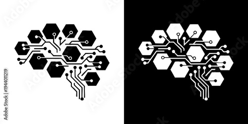 A futuristic circuit board design with hexagons and wires resembles a brain on white and black backgrounds.