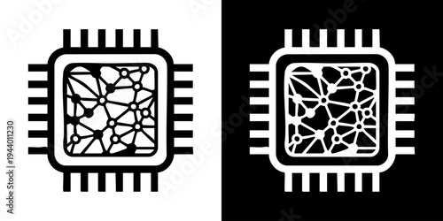 Microchip circuit boards with geometric patterns on white and black backgrounds