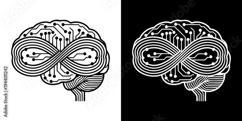 A creative illustration of two brains with intertwined infinity symbols on a split white and black background.