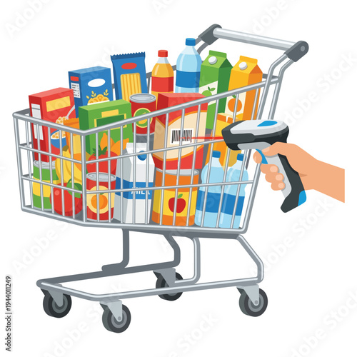 Shopping Cart with Barcode Scanner Vector | Retail Items Grocery Store Illustration