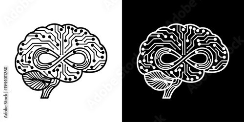 Illustration of two human brains with intricate details on white and black backgrounds