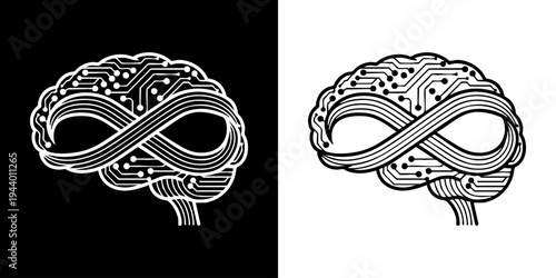 Two brain illustrations with infinity symbols on black and white backgrounds