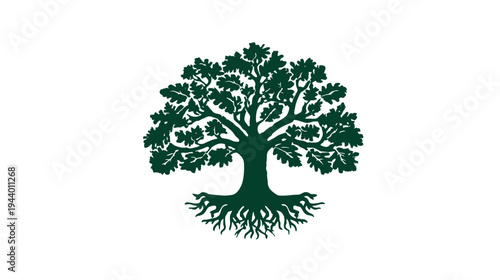 Stylized green oak tree illustration with strong roots and lush leaves, a powerful symbol for nature, growth, and environmental concepts.