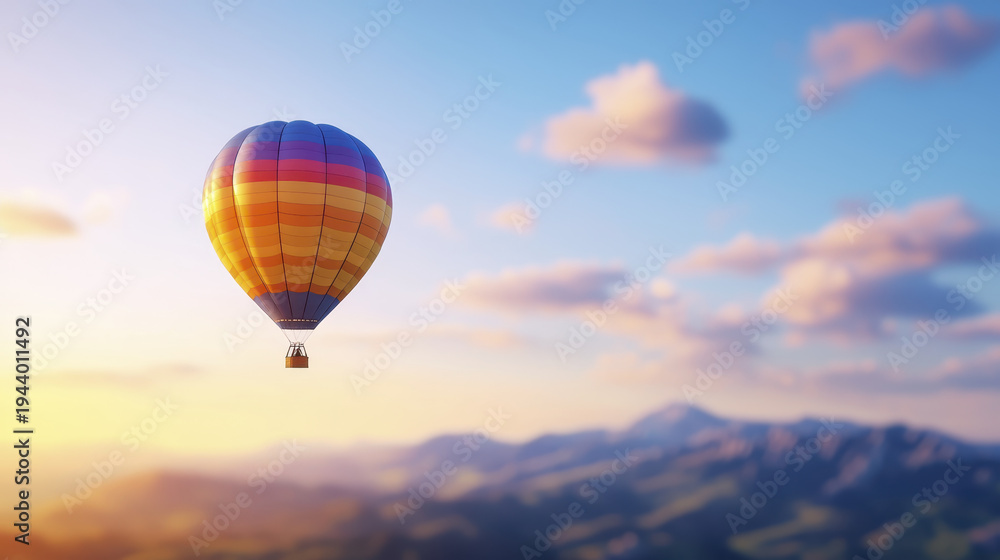 Obraz premium Colorful hot air balloon floats gracefully in sky above mountains during sunset, creating serene and picturesque scene