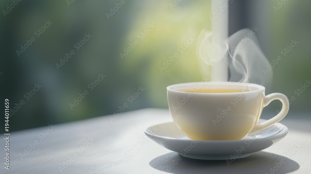 Fototapeta premium Steaming cup of tea sits saucer, radiating warmth and comfort serene setting. soft light enhances tranquil atmosphere