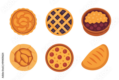 Delicious baked goods and pastries collection featuring various sweet and savory treats, perfect for menus or food-related designs.