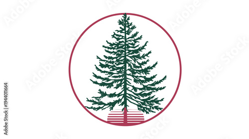 Stylized evergreen pine tree graphic in a circular border. Minimalist conifer illustration on white background, nature design element.