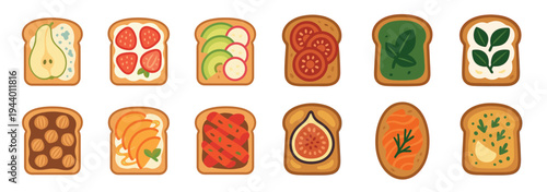 Delicious breakfast toasts with various healthy and sweet toppings, including fruits, vegetables, and savory options, arranged in a colorful grid.