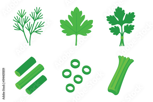 Various fresh green herbs and vegetables are depicted as a vibrant collection of culinary ingredients in a clean vector illustration.
