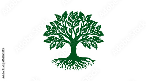 Stylized green tree graphic with visible roots on a white background, symbolizing nature, growth, strength, and environmental concepts.