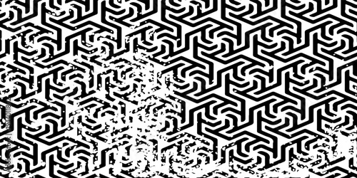 Black and white geometric hexagonal pattern with distressed texture, ideal for wallpaper, textile, and graphic design.