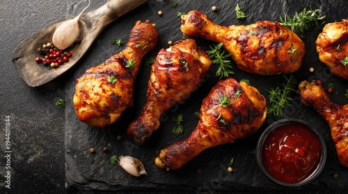 Grilled Chicken Drumsticks on Rustic Black Slate with Herbs, Garlic, and Spicy Barbecue Sauce in a Gourmet Culinary Setting