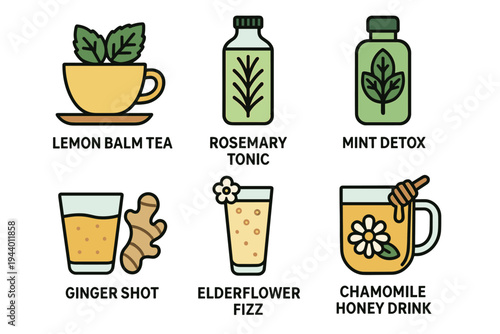 Diverse healthy herbal drinks and natural remedies are presented as vibrant illustrations, showcasing ingredients like ginger, mint, chamomile, and rosemary.