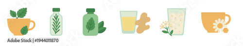 Herbal teas, natural drinks, and wellness ingredients are depicted in a charming flat design illustration, showcasing various healthy and soothing remedies.
