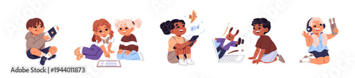 Children with gadgets set. Kids watch videos, call and play games with phones. Little girls and boys communicate online by smartphones, tablets, laptops. Flat isolated vector illustrations on white