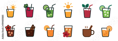 Various beverage icons representing different types of refreshing and warm drinks, perfect for menus, apps, websites, and digital design projects.