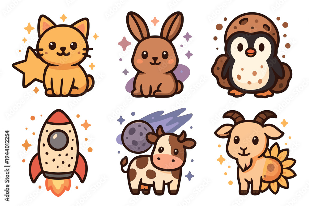 Obraz premium Cute cartoon animals and objects collection featuring a charming cat, rabbit, penguin, rocket, cow, and goat in a delightful illustration style.