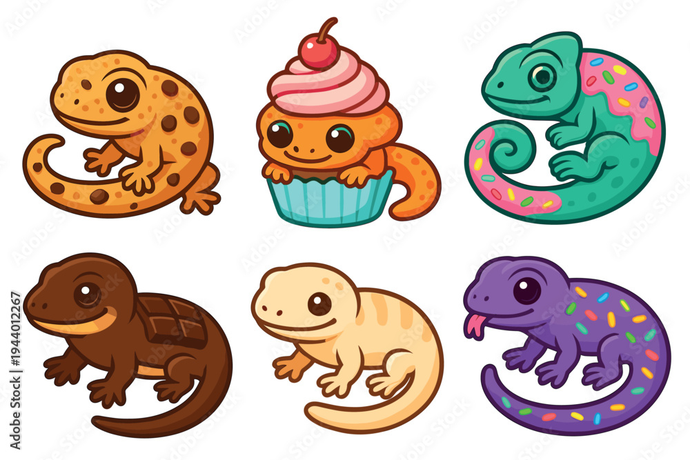 Obraz premium Six adorable cartoon lizards with various sweet dessert-inspired designs are playfully arranged, showcasing their unique and colorful patterns.