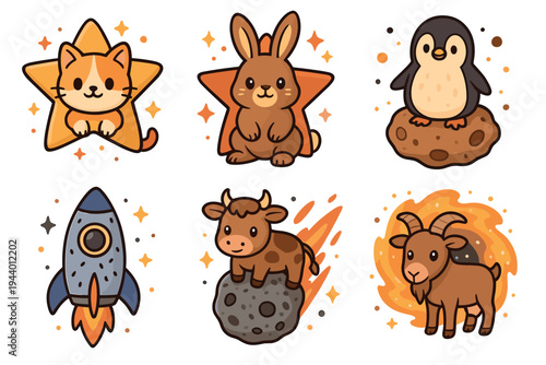 Whimsical cartoon animals and space objects are presented in a delightful collection of charming illustrations with celestial elements.