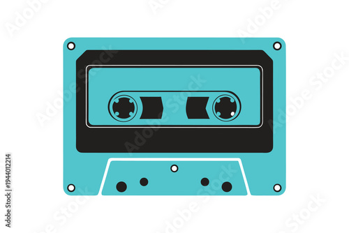vibrant teal colored retro cassette tape illustration isolated on a white background.