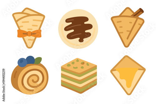 Various delicious desserts and sweet pastries are beautifully illustrated in a charming flat design style, perfect for culinary themes.