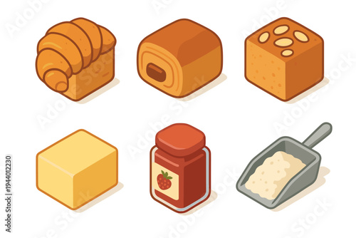 Delicious breakfast pastries and baking ingredients in isometric style, featuring croissants, jam, butter, and flour, ideal for illustrating recipes, menus, or food-related concepts.