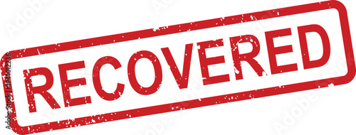 A rectangular red grunge texture rubber stamp displays the prominent word RECOVERED on a pristine white surface