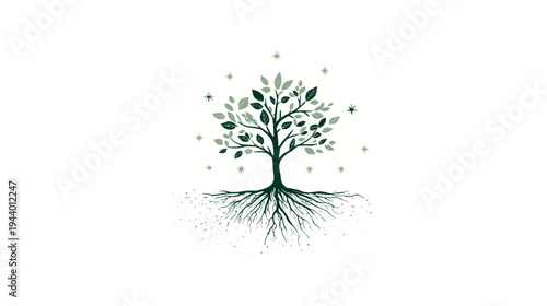 Stylized green tree with intricate roots and lush leaves on white, representing nature, growth, ecology, and organic concepts.