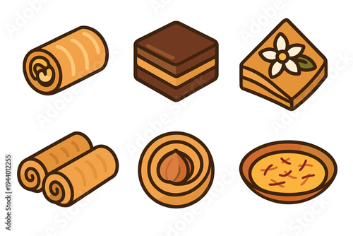 Traditional Middle Eastern desserts and pastries are beautifully illustrated in this vibrant collection of sweet treats and confections, perfect for culinary themes.