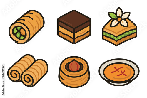 Middle Eastern desserts and pastries collection featuring various sweet treats, including baklava, nut rolls, and syrup, presented in a charming flat design style.