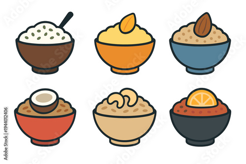 Bowls of food with various toppings are presented in a colorful and inviting cartoon illustration, perfect for breakfast or healthy eating concepts.