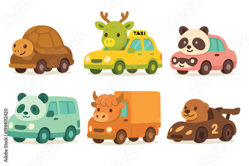 Cute cartoon animals driving various colorful vehicles on a playful journey, showcasing different modes of transportation with charming characters.