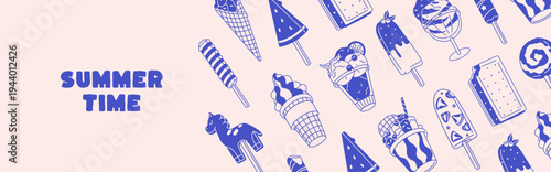 Design of banner with outline ice cream. Template with different icecream: chocolate popsicle, sundae, cup of gelato, balls of sorbet, lollypop. Layout with summer desserts. Flat vector illustration