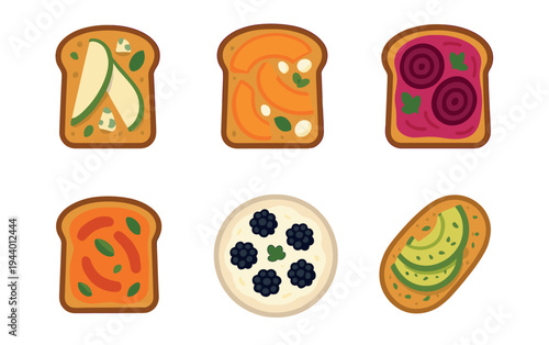 Six delicious healthy breakfast toasts and snacks featuring various fruit and vegetable toppings, presented in a vibrant flat vector illustration style.