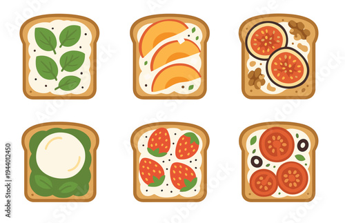 Six delicious and healthy toasts featuring a variety of fresh fruit, vegetable, and savory toppings for a nutritious breakfast or snack.