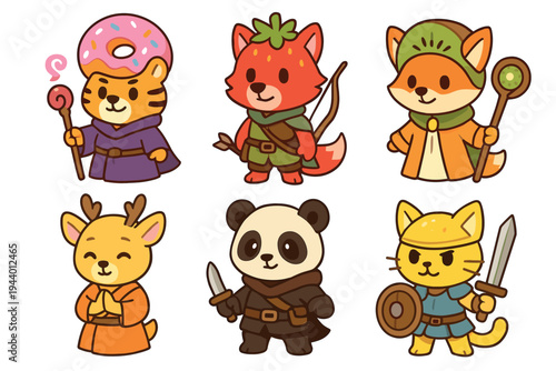 Cute animal characters dressed in fantasy role-playing game costumes, depicting various classes like a wizard, archer, monk, and knight.