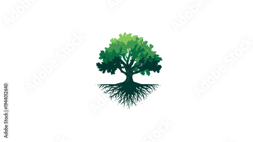Vibrant green tree graphic with deep, sprawling roots symbolizing nature, growth, stability, and ecological connection