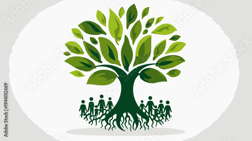 Vibrant green tree with strong roots and a community of stylized people, symbolizing growth, family, nature, and social connection.