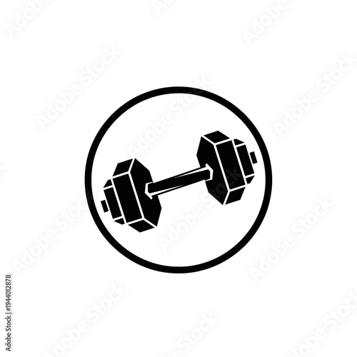 Dumbbell in a circle black and white illustration for fitness and gym.