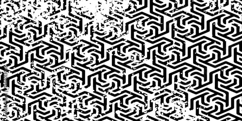 Abstract black and white geometric pattern with hexagonal maze shapes and grunge texture overlay, perfect for modern backgrounds and graphic design.