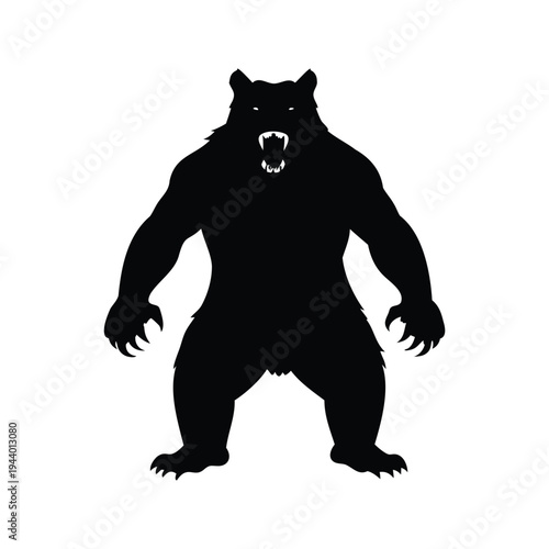 bear in aggressive stance silhouette vector illustration, Black and white fierce bear standing on hind legs with open mouth silhouette vector illustration
