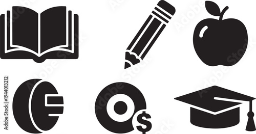 Education icons including book, pencil, apple, and graduation cap