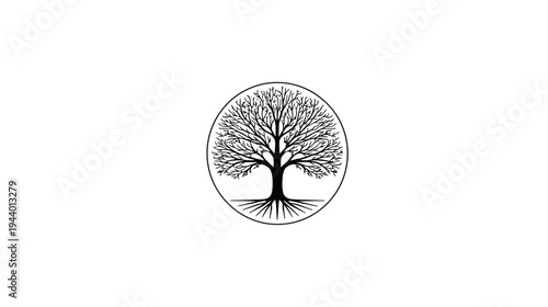 Stylized tree with intricate roots and bare branches in a circular design, symbolizing nature, life, growth, and ecological balance.