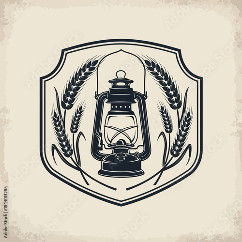 Vintage Kerosene Lantern and Wheat Ears Emblem Design.