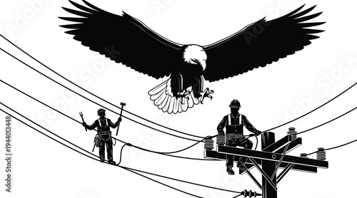 Bald eagle attacking utility workers on power lines silhouette, electrical linemen repairing overhead cables, wildlife danger near electricity infrastructure, dramatic vector illustration