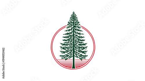 Stylized green evergreen pine tree illustration in a red circular border on white background. Nature-inspired emblem design.
