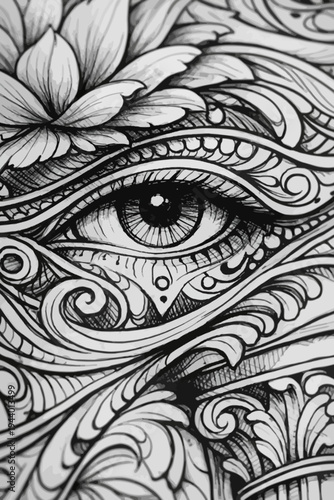 Intricate black and white mandala eye with floral and geometric patterns