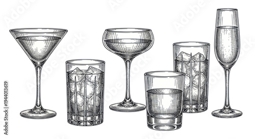 Hand-Drawn Cocktail Glasses Collection: Martini, Coupe, Rocks, Highball, Champagne