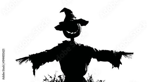 Spooky Halloween scarecrow silhouette with a grinning pumpkin head on a white background, autumn harvest season